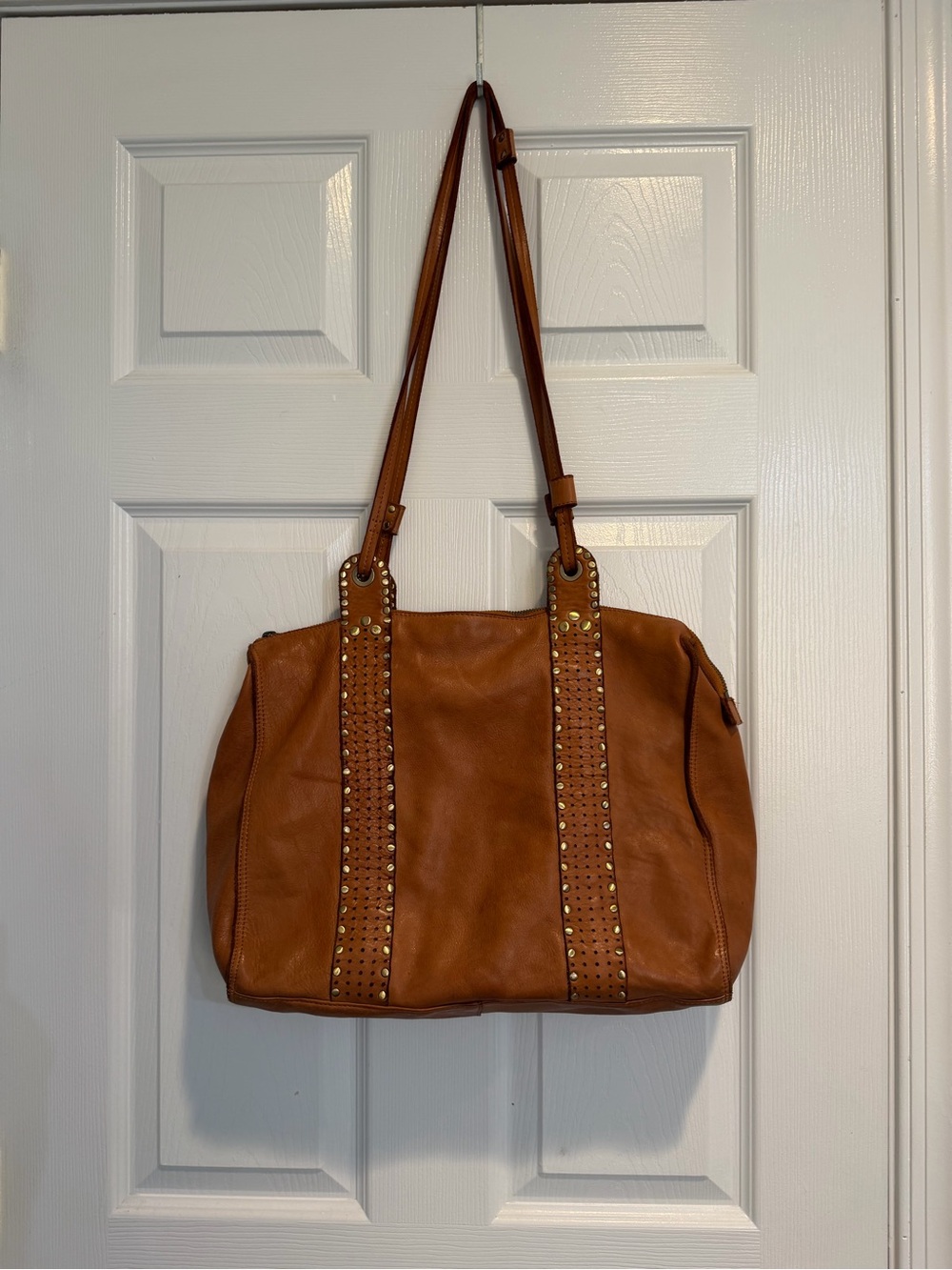 Studded Tan Leather Tote Bag with Dual Straps
